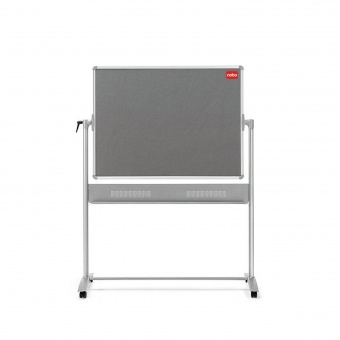 Drehtafel fahrbar, 120x 90 cm, eine Seite Stahl weiß, eine Seite grauer Stoff 